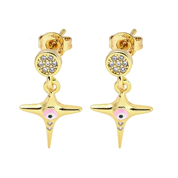 Star Real 18K Gold Plated Brass Dangle Stud Earrings, with Enamel and Cubic Zirconia, Pink, 20x10.5mm