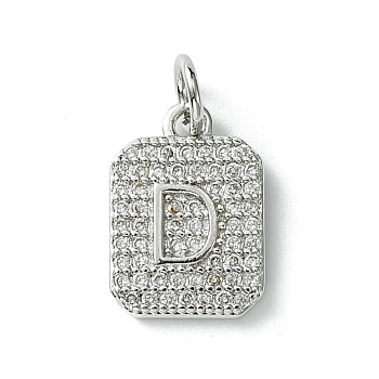 Rack Plating Brass Micro Pave Clear Cubic Zirconia Charms, Long-Lasting Plated, Lead Free & Cadmium Free, Rectangle with Letter Pattern, with Jump Ring, Platinum, Letter D, 14x9.5x2mm, Hole: 3mm