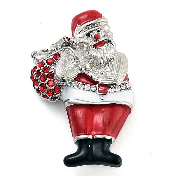 Christmas Theme Enamel Pins, Alloy Rhinestone Brooches for Backpack Clothes, Santa Claus with Gift Bags with Gift Bags, Platinum, 48x30mm