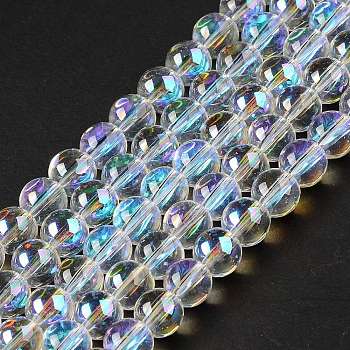 Transparent Electroplate Glass Beads Strands, Rainbow Plated, Round, Clear AB, 8x7mm, Hole: 1.2mm, about 50~52pcs/strand, 36.8~39cm