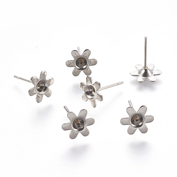 304 Stainless Steel Ear Stud Components, 6-Petal, Flower, Stainless Steel Color, 13mm, Flower: 8x9x2mm, Tray: 3mm, Pin: 0.7mm