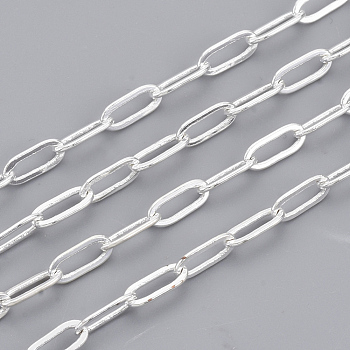 Brass Paperclip Chains, Flat Oval, Drawn Elongated Cable Chains, Soldered, with Spool, Cadmium Free & Lead Free, Silver Color Plated, 7.6x2.6x0.5mm, about 16.4 Feet(5m)/roll