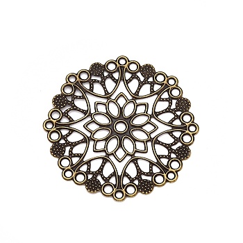 Iron Filigree Joiners Links, Etched Metal Embellishments, Flower, Antique Bronze, 48x48x0.5mm, Hole: 1.8~2.9mm