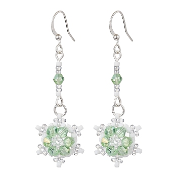 Glass Seed Beaded Dangle Earrings, with Brass Earring Hooks, Snowflake, Light Green, 51x18mm