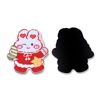 Printed Embossed Opaque Acrylic Cabochons, Christmas Style, Rabbit with Candy Cane, Red, 43.5x37x2mm