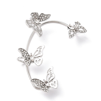 Butterfly Crystal Rhinestone Cuff Earrings for Girl Women Gift, Brass Earrings for Non-Piercing Ear, Platinum, 59.5x43x13mm