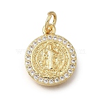Brass Clear Cubic Zirconia Charms, Flat Round with Saint Charms, Real 16K Gold Plated, 14.5x12x2mm, Hole: 3mm(KK-G602-10G)