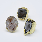 Adjustable Natural Druzy Agate Cuff Finger Rings, Wide Band Rings, with Golden Tone Brass Findings, Size 7, Size 7~9, 17~19mm(RJEW-L079-K01)