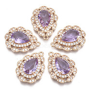 Brass Micro Pave Cubic Zirconia Pendants, with Faceted Glass, Long-Lasting Plated, Light Gold, Teardrop, Violet, 23x17x7mm, Hole: 1.4mm(KK-R111-005-A04)
