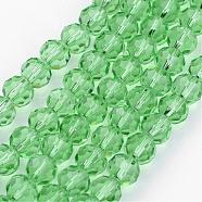 Transparent Glass Bead Strands, Imitate Austrian Crystal, Faceted(32 Facets), Round, Light Green, 4mm, Hole: 1mm, about 96~100pcs/strand, 14~14.5 inch(GLAA-G013-4mm-55)