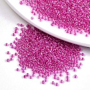 6/0 Glass Seed Beads, Inside Colours, Round Hole, Round, Transparent Colours Rainbow, Fuchsia, 6/0, 4~5x2.5~4.5mm, Hole: 1.2mm, about 4500pcs/bag(SEED-A016-4mm-203)