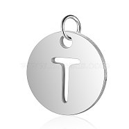 304 Stainless Steel Charms, Flat Round with Letter, Stainless Steel Color, Letter.T, 12x1mm, Hole: 2.5mm(STAS-S105-T514S-T)