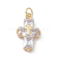 Rack Plating Brass Cubic Zirconia Pendants, Cadmium Free & Lead Free, Long-Lasting Plated, with Jump Ring, Religion Cross Charm, Real 18K Gold Plated, 22x13x5mm, Hole: 1mm(KK-G451-23G)