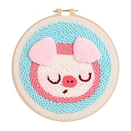 DIY Animal Pattern Punch Embroidery Beginner Kits for Beginners, including Embroidery Fabric & Hoop & Yarn, Punch Needle Pen, Instruction, Pig, 200mm(PW-WGCCAFD-03)