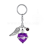 Stainless Steel Keychain, with Urn Ashes and Wing Pendant, Purple, Pendant: 2.5x2.1cm(PW-WG74371-16)