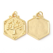 Eco-Friendly Rack Plating Brass Pendants, with Jump Ring, Long-Lasting Plated, Lead Free & Cadmium Free, Hexagon with Tree of Life Charm, Real 18K Gold Plated, 23x18x2.5mm, Hole: 3.5mm(KK-R143-16G)