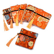 Chinese Brocade Tassel Zipper Jewelry Bag Gift Pouch, Square with Flower Pattern, Dark Orange, 11.5~11.8x11.5~11.8x0.4~0.5cm(ABAG-F005-04)