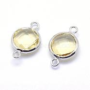 Brass Links connectors, with Faceted Glass, Flat Round, Lead Free & Cadmium Free, Platinum, Lemon Chiffon, 14x9x3.5mm, Hole: 1mm(KK-P119-34P-E-NR)