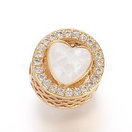 Brass Micro Pave Cubic Zirconia European Beads, Large Hole Beads, with Enamel and Freshwater Shell, Flat Round with Heart, Golden, Floral White, 11x9.5mm, Hole: 4mm(ZIRC-E159-03A-G)