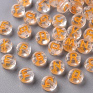 Transparent Clear Acrylic Beads, Horizontal Hole, Flat Round with Random Letter, Orange, 7x4mm, Hole: 1.6mm, about 3700pcs/500g(MACR-N008-44A)