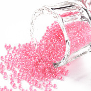 11/0 Grade A Transparent Glass Seed Beads, Inside Color, Luster Plated, Round, Pink, 2.3x1.5mm, Hole: 1mm, about 5300pcs/50g(X-SEED-N001-F-254)