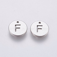 304 Stainless Steel Charms,  Flat Round with Letter, Stainless Steel Color, Letter.F, 10x1mm, Hole: 1mm(STAS-P225-104P-26)