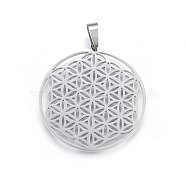 304 Stainless Steel Pendants, Spiritual Charms, Flat Round with Flower of Life/Sacred Geometry, Stainless Steel Color, 42x39x1.2mm, Hole: 8x6mm(STAS-P209-18P)
