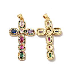 Rack Plating Eco-Friendly Brass Micro Pave Cubic Zirconia Pendants, Long-Lasting Plated, Lead Free & Cadmium Free, Religion Cross Charm, Real 18K Gold Plated & Gunmetal, 41x23.5x3.5mm, Hole: 4x3.5mm(KK-A177-05G)