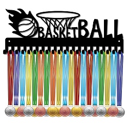 Iron Medal Holder Frame, 20 Hooks Medals Display Hanger Rack, with Screws, Black, Basketball, 150x400mm, Hole: 5mm(ODIS-WH0028-084)