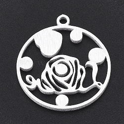 Aluminium Pendants, Laser Cut Pendants, Flat Round with Heart and Flower, Silver Color Plated, 24x22x1mm, Hole: 2mm(ALUM-T001-113S)