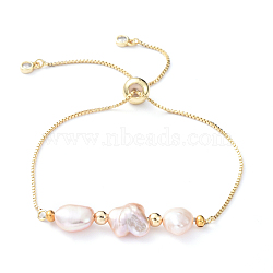 Adjustable Brass Slider Bracelets, Bolo Bracelets, with Natural Pearl Beads, Cubic Zirconia and Brass Beads, Golden, 10-5/8 inch(27cm)(BJEW-JB05151)