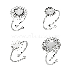4Pcs 4 Styles 304 Stainless Steel Open Cuff Ring Findings, Bezel Cup Ring Settings, Sun & Flower & Flat Round with Round Tray, Stainless Steel Color, Inner Diameter: 17.9~18.1mm, Tray: 4~6mm, 1Pc/style(STAS-UN0049-03)