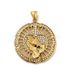 Ion Plating(IP) 304 Stainless Steel Pendants, with Rhinestone and Acrylic Bead, Flower with Hand & Cross Pattern, Golden, 47x42x5mm, Hole: 8x4mm(STAS-C053-29G)