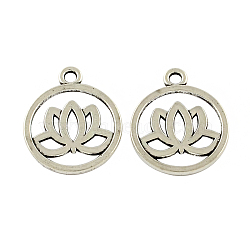 Tibetan Style Flat Round with Lotus Alloy Pendants, Cadmium Free & Lead Free, Antique Silver, 24x20x2mm, Hole: 2.5mm, about 555pcs/1000g(TIBEP-Q043-300-RS)