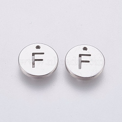 Non-Tarnish 304 Stainless Steel Charms, Flat Round with Letter, Stainless Steel Color, Letter.F, 10x1mm, Hole: 1mm(STAS-P225-104P-26)