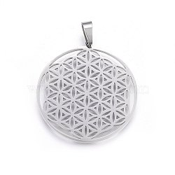 Non-Tarnish 304 Stainless Steel Pendants, Spiritual Charms, Flat Round with Flower of Life/Sacred Geometry, Stainless Steel Color, 42x39x1.2mm, Hole: 8x6mm(STAS-P209-18P)