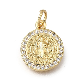 Brass Clear Cubic Zirconia Charms, Flat Round with Saint Charms, Real 16K Gold Plated, 14.5x12x2mm, Hole: 3mm