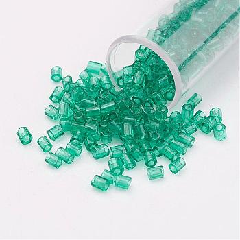 11/0 Two Cut Round Hole Glass Seed Beads, Hexagon, Transparent Colours, Medium Sea Green, 2x2mm, Hole: 0.5mm, about 41000pcs/pound