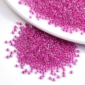 6/0 Glass Seed Beads, Inside Colours, Round Hole, Round, Transparent Colours Rainbow, Medium Violet Red, 6/0, 4~5x2.5~4.5mm, Hole: 1.2mm, about 4500pcs/bag