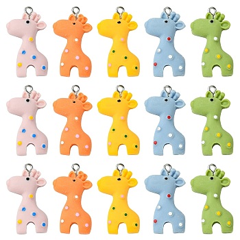 50Pcs 5 Colors Resin Pendants, with Silver Iron Eye Pin, Giraffe, Mixed Color, 29.5x17.5x6.5mm, 10pcs/color