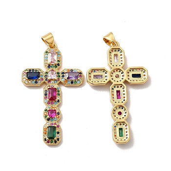Rack Plating Eco-Friendly Brass Micro Pave Cubic Zirconia Pendants, Long-Lasting Plated, Lead Free & Cadmium Free, Religion Cross Charm, Real 18K Gold Plated & Gunmetal, 41x23.5x3.5mm, Hole: 4x3.5mm