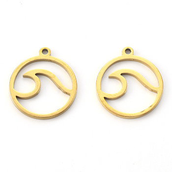 Vacuum Plating 201 Stainless Steel Pendants, Laser Cut, Round Ring with Wave, Golden, 17x15x1mm, Hole: 1mm