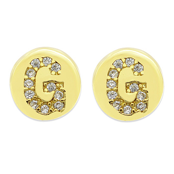 Brass Micro Pave Clear Cubic Zirconia Beads, Flat Round with Letter, Letter.G, 7.5x6.5mm, Hole: 3.5mm, 3pcs/bag