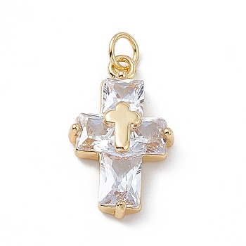 Rack Plating Brass Cubic Zirconia Pendants, Cadmium Free & Lead Free, Long-Lasting Plated, with Jump Ring, Religion Cross Charm, Real 18K Gold Plated, 22x13x5mm, Hole: 1mm