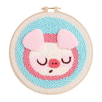 DIY Animal Pattern Punch Embroidery Beginner Kits for Beginners, including Embroidery Fabric & Hoop & Yarn, Punch Needle Pen, Instruction, Pig, 200mm