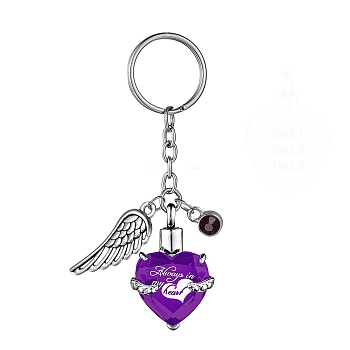 Stainless Steel Keychain, with Urn Ashes and Wing Pendant, Purple, Pendant: 2.5x2.1cm