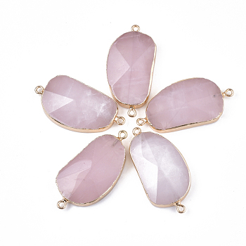 Electroplate Natural Rose Quartz Links Connectors, with Golden Iron Findings, Nuggets, 42~46x23.5x7~9mm, Hole: 1.8mm