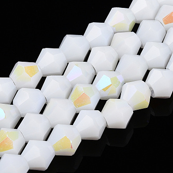 Opaque Solid Color Electroplate Glass Beads Strands, AB Color Plated, Faceted, Bicone, Snow, 6x5.5mm, Hole: 1.2mm, about 45~47pcs/strand, 10.24~10.63 inch(26~27cm)