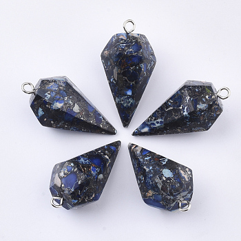 Synthetic Gold Line Regalite/Imperial Jasper/Sea Sediment Jasper Pointed Pendants, with Platinum Plated Iron Findings, Dyed, Cone Pendulum, Blue, 43~44x23.5x20~21.5mm, Hole: 3mm
