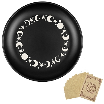 Stainless Steel Pendulum Board, Dowsing Divination Board, for Witchcraft Wiccan Altar Supplies, with Paper Card, Flat Round, Moon and Star, 140mm